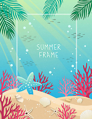 백그라운드 일러스트 휴가 조개 불가사리 사각프레임 프레임 사람없음 여름 여름휴가 바캉스 바닷속 산호초 소라 야자수잎 몬스테라 프레임일러스트 트로피컬아트 국내일러스트 AI파일 식물 계절 잎 어패류 극피동물 사각형 수중 수중식물 그림 파일형식 벡터 여름_계절