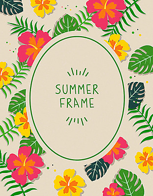 꽃 백그라운드 잎 일러스트 휴가 프레임 사람없음 여름 여름휴가 바캉스 원형프레임 야자수잎 몬스테라 프레임일러스트 트로피컬아트 국내일러스트 AI파일 식물 계절 원형 그림 파일형식 벡터 여름_계절