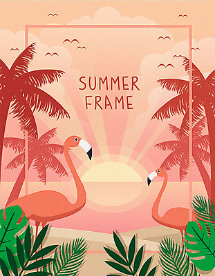 백그라운드 두마리 일러스트 휴가 사각프레임 프레임 해변 사람없음 여름 여름휴가 바캉스 야자수 플라밍고 야자수잎 프레임일러스트 트로피컬아트 국내일러스트 AI파일 나무 계절 바다 잎 2 조류 사각형 그림 파일형식 벡터 여름_계절