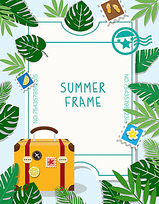 백그라운드 일러스트 휴가 사각프레임 프레임 사람없음 여름 여름휴가 바캉스 캐리어 엽서 야자수잎 우표 몬스테라 프레임일러스트 트로피컬아트 국내일러스트 AI파일 식물 계절 잎 사각형 여행가방 편지 그림 파일형식 벡터 여름_계절