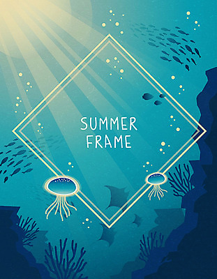 백그라운드 여러마리 일러스트 휴가 사각프레임 프레임 어류 사람없음 여름 여름휴가 바캉스 바닷속 산호 해파리 프레임일러스트 국내일러스트 AI파일 계절 다수 사각형 수중 수중동물 자포동물 파일형식 벡터 여름_계절