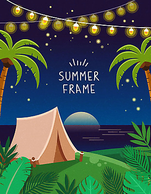백그라운드 일러스트 휴가 조명 프레임 텐트 사람없음 여름 여름휴가 바캉스 야자수 캠핑 야자수잎 프레임일러스트 트로피컬아트 국내일러스트 AI파일 나무 계절 잎 레저 캠핑도구 그림 파일형식 벡터 여름_계절
