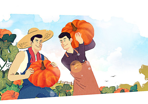 PSD 남자 행복 밭 일러스트 호박 작업복 들기 사람 청년 성인 두명 농작물 청춘 농사 기쁨 수확 시골 농부 귀농 성인남자만 청년남자만 청년농부 국내일러스트 직업 옷 감정 컨셉 농업 채소 모션 남자만 청년만 성인만 파일형식