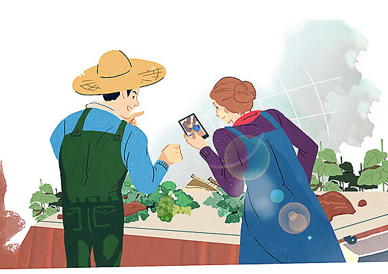 PSD 여자 남자 행복 밭 일러스트 작업복 대화 사람 청년 두명 농작물 스마트폰 청춘 농사 기쁨 수확 시골 농부 브로콜리 원예 밀짚모자 귀농 비닐하우스 청년만 성인만 청년농부 국내일러스트 직업 모자_잡화 옷 감정 컨셉 농업 채소 말하기 성인 취미 핸드폰 스마트기기 파일형식