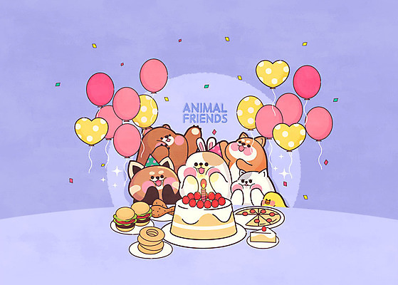 동물캐릭터 여러마리 일러스트 곰 병아리 사람없음 친구 귀여움 케이크 보라색 고양이 햄버거 하트 축하 토끼 생일 강아지 즐거움 풍선 레서판다 생일상 국내일러스트 일러캐릭터 AI파일 모양 동물 캐릭터 기념일 감정 컬러 다수 컨셉 포유류 관계 조류 디저트 패스트푸드 반려동물 개 파일형식 벡터