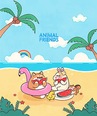동물캐릭터 무지개 여러마리 일러스트 여름음식 수박 병아리 해변 사람없음 여름 친구 여름휴가 바캉스 야자수 귀여움 토끼 강아지 즐거움 다람쥐 제철과일 국내일러스트 일러캐릭터 AI파일 자연요소 나무 동물 캐릭터 계절 감정 음식 바다 다수 컨셉 과일 포유류 관계 조류 휴가 반려동물 개 설치류 제철 파일형식 벡터 여름_계절