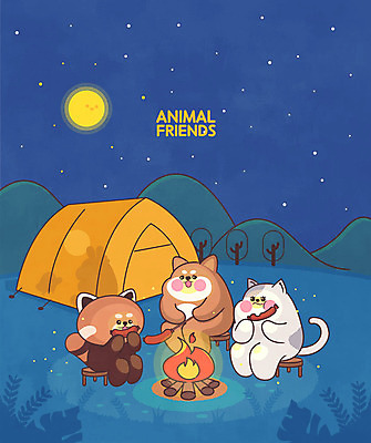 동물캐릭터 여러마리 일러스트 텐트 사람없음 친구 귀여움 고양이 캠핑 달 소시지 강아지 모닥불 바비큐 남색 즐거움 레서판다 국내일러스트 일러캐릭터 AI파일 자연요소 동물 캐릭터 감정 음식 컬러 다수 컨셉 포유류 관계 불 레저 캠핑도구 반려동물 가공식품 개 파일형식 벡터