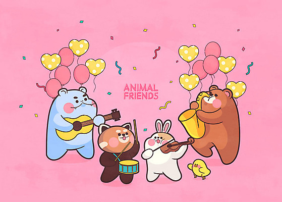 분홍색 동물캐릭터 연주 여러마리 일러스트 곰 병아리 사람없음 친구 귀여움 토끼 색소폰 바이올린 북 즐거움 꽃가루 풍선 하마 레서판다 국내일러스트 일러캐릭터 AI파일 동물 캐릭터 감정 음악 컬러 다수 컨셉 포유류 관계 조류 현악기 타악기 반려동물 목관악기 가루 파일형식 벡터