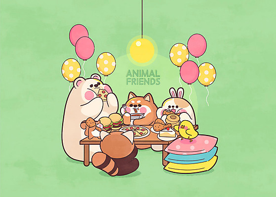 동물캐릭터 여러마리 일러스트 곰 피자 병아리 방석 사람없음 초록색 친구 귀여움 식사 치킨 햄버거 축하 토끼 강아지 즐거움 다람쥐 풍선 레서판다 국내일러스트 일러캐릭터 AI파일 동물 캐릭터 감정 컬러 다수 컨셉 포유류 관계 조류 패스트푸드 서양음식 반려동물 개 설치류 닭고기요리 파일형식 벡터