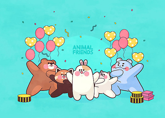 동물캐릭터 일러스트 곰 선물 사람없음 친구 귀여움 고양이 축하 토끼 즐거움 꽃가루 풍선 하마 레서판다 민트색 국내일러스트 일러캐릭터 AI파일 동물 캐릭터 감정 컬러 컨셉 포유류 관계 반려동물 가루 파일형식 벡터