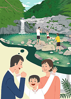 PSD 여자 남자 행복 어린이 여행 일러스트 가족 물놀이 휴가 사람 여러명 여름 여름휴가 바캉스 계곡 희망 폭포 기쁨 계획 즐거움 휴양지 힐링 위시리스트 휴가철 국내일러스트 계절 감정 다수 컨셉 관계 자연 놀이 장소 파일형식 여름_계절