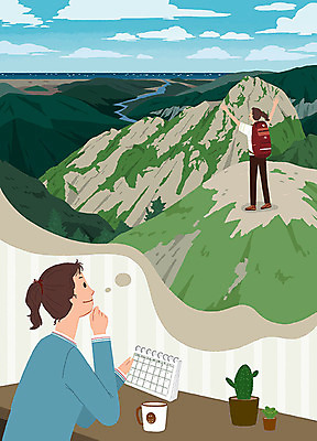 PSD 여자 행복 여행 일러스트 상상 자연 성공 휴가 산 사람 두명 걷기 희망 등산 기쁨 자유 달력 계획 등산객 책상 즐거움 힐링 산악등반 위시리스트 탁상달력 해방감 휴가철 성인여자만 국내일러스트 감정 가구 컨셉 모션 트래킹 생태계 여자만 성인만 파일형식