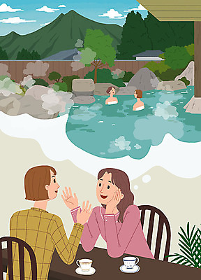 PSD 여자 행복 해외여행 여행 일러스트 상상 휴가 휴식 대화 사람 여러명 친구 온천 희망 카페 기쁨 계획 즐거움 힐링 노천온천 온천여행 위시리스트 휴가철 성인여자만 국내일러스트 해외 감정 다수 컨셉 관계 말하기 상점 스파 여자만 성인만 파일형식