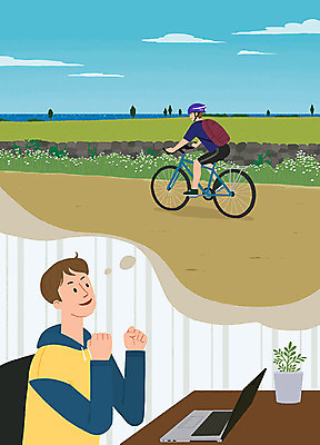 PSD 남자 행복 여행 일러스트 상상 휴가 휴식 사람 두명 노트북 희망 기쁨 계획 책상 즐거움 힐링 사이클링 라이딩 위시리스트 휴가철 성인남자만 국내일러스트 감정 가구 컨셉 전자제품 육상스포츠 남자만 성인만 파일형식