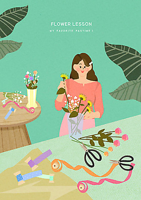 PSD 여자 꽃 리본 일러스트 탁자 휴식 나뭇잎 한명 사람 취미 초록색 장미 꽃병 기쁨 꽃꽂이 즐거움 힐링 가위질 레슨 플로리스트 여자한명만 워라밸 국내일러스트 식물 직업 1 감정 컬러 가구 컨셉 잎 수업 가위_도구 원예 신조어 여자만 파일형식