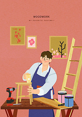 PSD 남자 액자 의자 일러스트 사다리 휴식 작업복 한명 사람 취미 페인트 기쁨 작업 작업실 작업장 제조 망치 목수 드릴 책상 즐거움 힐링 만들기 남자한명만 워라밸 국내일러스트 직업 1 옷 감정 산업 가구 컨셉 모션 도구 공구 신조어 남자만 파일형식