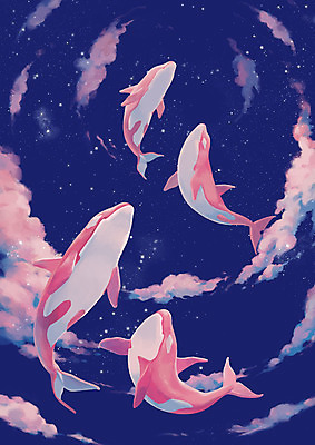 PSD 동물 구름 별 분홍색 여러마리 일러스트 상상 밤하늘 하늘 상상일러스트 사람없음 판타지 수영 자유 비행 고래 은하계 감성 은하수 성운 은하 범고래 몽환 국내일러스트 자연요소 컬러 다수 컨셉 포유류 자연 우주 수중동물 수상스포츠 야간 파일형식