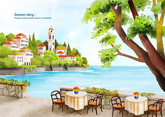 PSD 나무 파도 백그라운드 의자 일러스트 탁자 수채화 주택 풍경 사람없음 건물 여름 여름풍경 카페 시원함 언덕 야외테라스 원형탁자 여름배경 국내일러스트 식물 건축물 계절 바다 가구 상점 발코니 파일형식 여름_계절