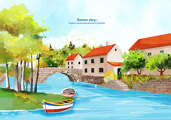 PSD 나무 백그라운드 요트 일러스트 수채화 주택 풍경 사람없음 건물 여름 파란색 강 여름풍경 보트 시원함 가교 여름배경 국내일러스트 식물 건축물 계절 컬러 배_교통 파일형식 여름_계절