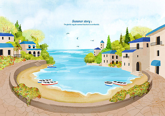 PSD 바다 백그라운드 일러스트 갈매기 수채화 주택 풍경 사람없음 건물 여름 고요 여름풍경 보트 시원함 여름배경 국내일러스트 건축물 계절 배_교통 조류 파일형식 여름_계절