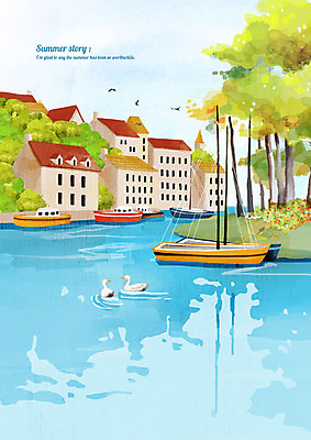 PSD 바다 백그라운드 요트 일러스트 갈매기 수채화 주택 풍경 사람없음 건물 여름 고요 여름풍경 보트 시원함 여름배경 국내일러스트 건축물 계절 배_교통 조류 파일형식 여름_계절