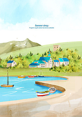 PSD 바다 백그라운드 요트 일러스트 수채화 산 주택 풍경 해변 사람없음 건물 여름 고요 여름풍경 보트 시원함 여름배경 국내일러스트 건축물 계절 배_교통 파일형식 여름_계절