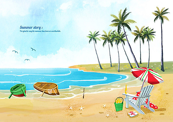 PSD 파도 바다 섬 백그라운드 벤치 일러스트 수채화 불가사리 풍경 해변 사람없음 여름 모래사장 야자수 여름풍경 파라솔 보트 시원함 여름배경 국내일러스트 나무 계절 배_교통 의자 극피동물 파일형식 여름_계절