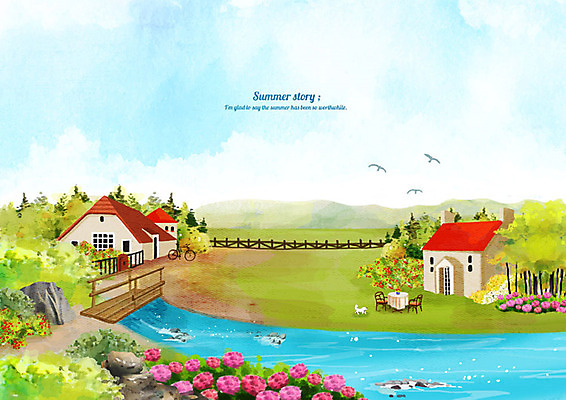 PSD 백그라운드 의자 일러스트 탁자 수채화 주택 풍경 사람없음 여름 강 마을 고요 여름풍경 강가 시원함 가교 여름배경 국내일러스트 건축물 계절 가구 건물 파일형식 여름_계절
