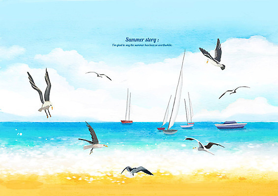 PSD 구름 바다 백그라운드 요트 일러스트 갈매기 하늘 수채화 풍경 해변 사람없음 여름 파란색 모래사장 여름풍경 보트 시원함 여름배경 국내일러스트 자연요소 계절 컬러 배_교통 조류 파일형식 여름_계절