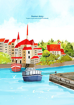 PSD 바다 백그라운드 일러스트 수채화 주택 풍경 사람없음 건물 여름 항구 여름풍경 시원함 해안도시 선박 여름배경 국내일러스트 건축물 계절 수상교통 교통시설 도시 파일형식 여름_계절