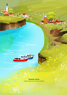 PSD 백그라운드 일러스트 수채화 풍경 해변 사람없음 건물 여름 강 마을 여름풍경 풍차 보트 강가 시원함 해안도시 여름배경 국내일러스트 건축물 계절 바다 배_교통 도시 파일형식 여름_계절