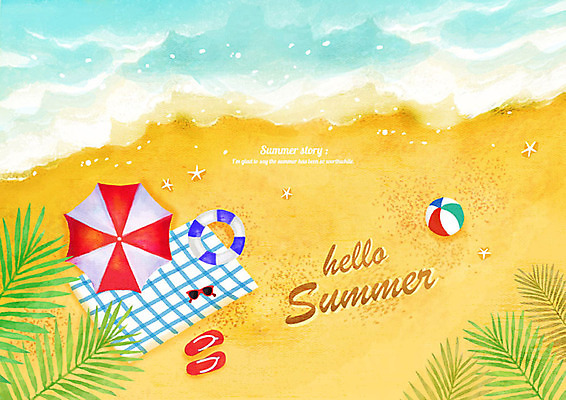 PSD 바다 백그라운드 일러스트 수채화 슬리퍼 풍경 해변 사람없음 여름 모래사장 선글라스 여름풍경 파라솔 시원함 비치볼 돗자리 튜브 야자수잎 여름배경 국내일러스트 계절 안경 신발 잎 공 바캉스용품 파일형식 여름_계절