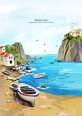 PSD 파도 바다 백그라운드 일러스트 갈매기 수채화 주택 등대 풍경 사람없음 건물 여름 여름풍경 절벽 보트 시원함 여름배경 국내일러스트 건축물 계절 배_교통 조류 파일형식 여름_계절