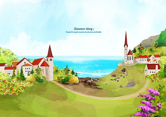 PSD 꽃 바다 백그라운드 일러스트 수채화 주택 풍경 사람없음 건물 여름 마을 여름풍경 시원함 해안도시 여름배경 국내일러스트 식물 건축물 계절 도시 파일형식 여름_계절