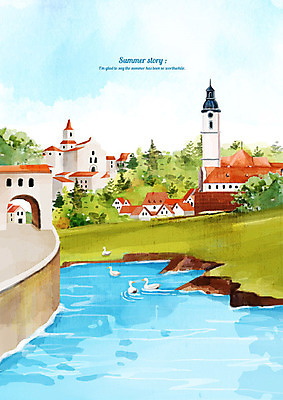 PSD 백그라운드 일러스트 수채화 주택 오리 풍경 사람없음 건물 여름 강 마을 여름풍경 강가 시원함 여름배경 국내일러스트 건축물 계절 조류 파일형식 여름_계절