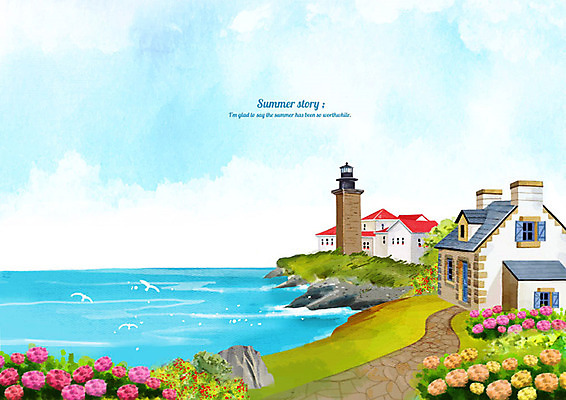 PSD 꽃 길 바다 백그라운드 일러스트 수채화 주택 등대 풍경 해변 사람없음 건물 여름 여름풍경 시원함 해안도시 여름배경 국내일러스트 식물 건축물 계절 도시 파일형식 여름_계절