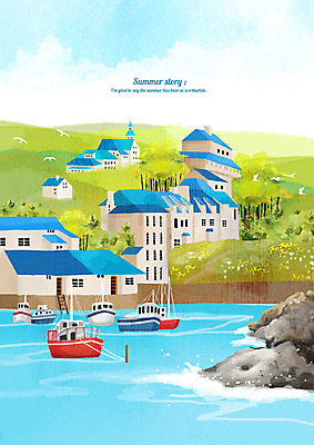 PSD 파도 바다 하늘색 백그라운드 일러스트 갈매기 수채화 주택 풍경 사람없음 여름 마을 여름풍경 보트 시원함 언덕 해안도시 여름배경 국내일러스트 계절 배_교통 조류 건물 파란색 도시 파일형식 여름_계절