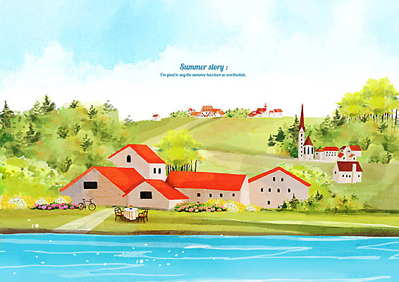 PSD 나무 바다 백그라운드 일러스트 수채화 풍경 초원 해변 사람없음 여름 마을 여름풍경 시원함 언덕 해안도시 여름배경 국내일러스트 식물 계절 도시 파일형식 여름_계절