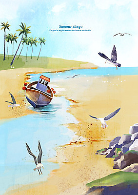 PSD 바다 백그라운드 일러스트 갈매기 수채화 풍경 해변 사람없음 여름 모래사장 야자수 여름풍경 보트 시원함 여름배경 국내일러스트 나무 계절 배_교통 조류 파일형식 여름_계절