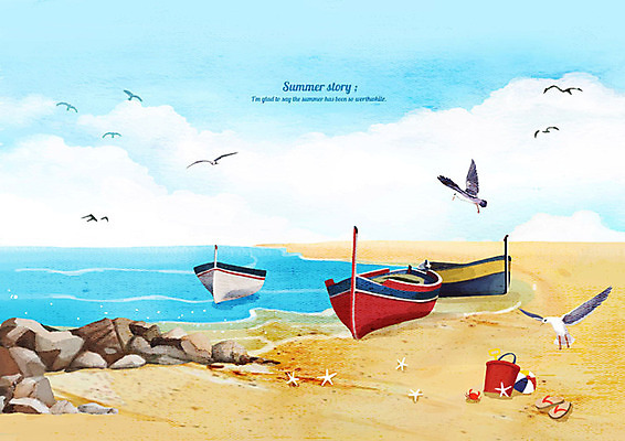 PSD 구름 바다 백그라운드 일러스트 갈매기 하늘 수채화 불가사리 슬리퍼 풍경 해변 사람없음 여름 모래사장 여름풍경 게 보트 시원함 비치볼 양동이 여름배경 국내일러스트 자연요소 계절 신발 배_교통 공 조류 극피동물 바캉스용품 갑각류 파일형식 여름_계절