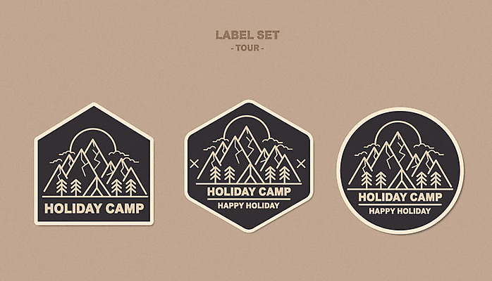 여행 스티커 일러스트 자연 산 아웃도어 텐트 사람없음 세트 태양 갈색 라벨 캠핑 심볼 국내일러스트 AI파일 자연요소 컬러 레저 프레임 캠핑도구 생태계 파일형식 벡터