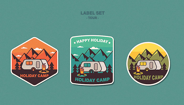 여행 스티커 일러스트 자연 산 사람없음 세트 라벨 캠핑 모닥불 심볼 캠핑카 카라반 국내일러스트 AI파일 자동차 불 레저 프레임 생태계 파일형식 벡터
