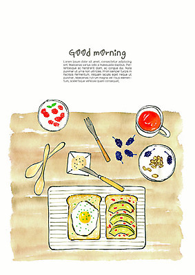 PSD 음식 포크 일러스트 식탁 아침 수채화 샌드위치 사람없음 주방 계란 숟가락 식사 주스 나이프 아침식사 상차림 계란프라이 브런치 토스트 요거트 웰빙음식 국내일러스트 주간 식기 웰빙 음료 빵 탁자 유제품 수저 알 칼 계란요리 건강식 파일형식