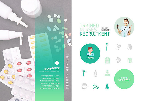 PSD 템플릿 표지디자인 북디자인 출판디자인 여자 표지 남자 리플렛 북커버 의학 청진기 병원 주사기 사람 팜플렛 20대 성인 초록색 알약 약 한국인 간호사 의료진 채용 이미지템플릿 직업 컬러 비즈니스 의료기기 동양인 청년 파일형식