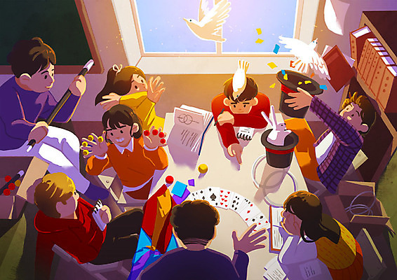 PSD 학생 여자 남자 대학생 일러스트 교실 협력 사람 여러명 청년 취미 청춘 하이앵글 주황색 마술 트럼프 즐거움 마술도구 호기심 마술사모자 친목 교내 단체활동 동아리 마술쇼 마술지팡이 오후 카드마술 방과후 국내일러스트 모자_잡화 교육 감정 뷰포인트 컬러 다수 컨셉 학교 성인 놀이용품 도구 그룹 파일형식