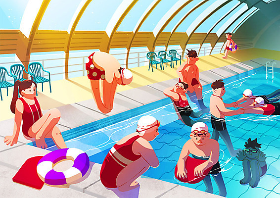 PSD 학생 여자 남자 여유 일러스트 협력 수영장 사람 여러명 청년 취미 파란색 청춘 운동 스트레칭 연습 즐거움 친목 단체활동 동아리 실내수영장 방과후 국내일러스트 교육 감정 컬러 다수 컨셉 실내 건강 성인 그룹 파일형식