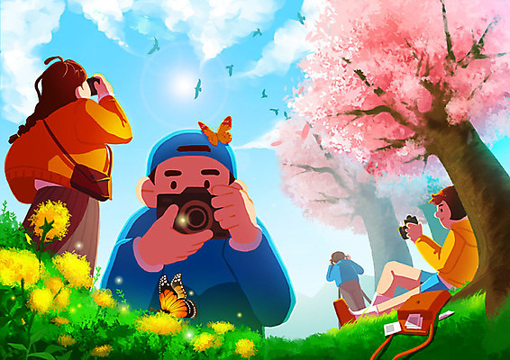 PSD 학생 여자 남자 로우앵글 나비 일러스트 하늘 협력 사람 여러명 청년 취미 초록색 청춘 사진촬영 봄 숲 즐거움 호기심 화사함 단체활동 동아리 동호회 사진관 방과후 국내일러스트 계절 교육 감정 뷰포인트 컬러 다수 곤충 컨셉 성인 촬영 그룹 파일형식