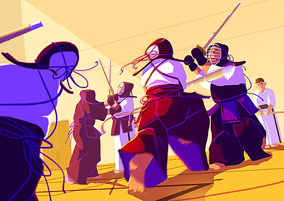 PSD 스포츠 일러스트 협력 사람 여러명 청년 취미 청춘 하이앵글 노란색 보라색 경쟁 집중 연습 체육관 검도 긴장 검도복 검도선수 검도경기 검도복장 검도장 단체활동 동아리 방과후 국내일러스트 교육 감정 뷰포인트 컬러 다수 컨셉 유니폼 스포츠시설 운동선수 도복 성인 격투기 그룹 파일형식