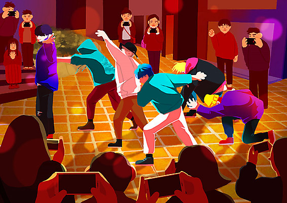 PSD 학생 일러스트 협력 사람 여러명 청년 취미 빨간색 청춘 촬영 공연 댄서 자신감 도심 군중 구경 즐거움 열정 길거리공연 단체활동 동아리 방과후 국내일러스트 직업 교육 감정 컬러 다수 컨셉 이벤트 성인 도시 그룹 파일형식