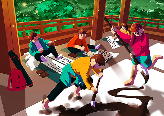 PSD 여자 남자 일러스트 서예 협력 사람 여러명 청년 취미 청춘 붓 숲 먹 정자 서예용품 퍼포먼스 단체활동 동아리 서예붓 방과후 국내일러스트 한국전통 건축물 교육 다수 컨셉 문구용품 성인 그룹 파일형식